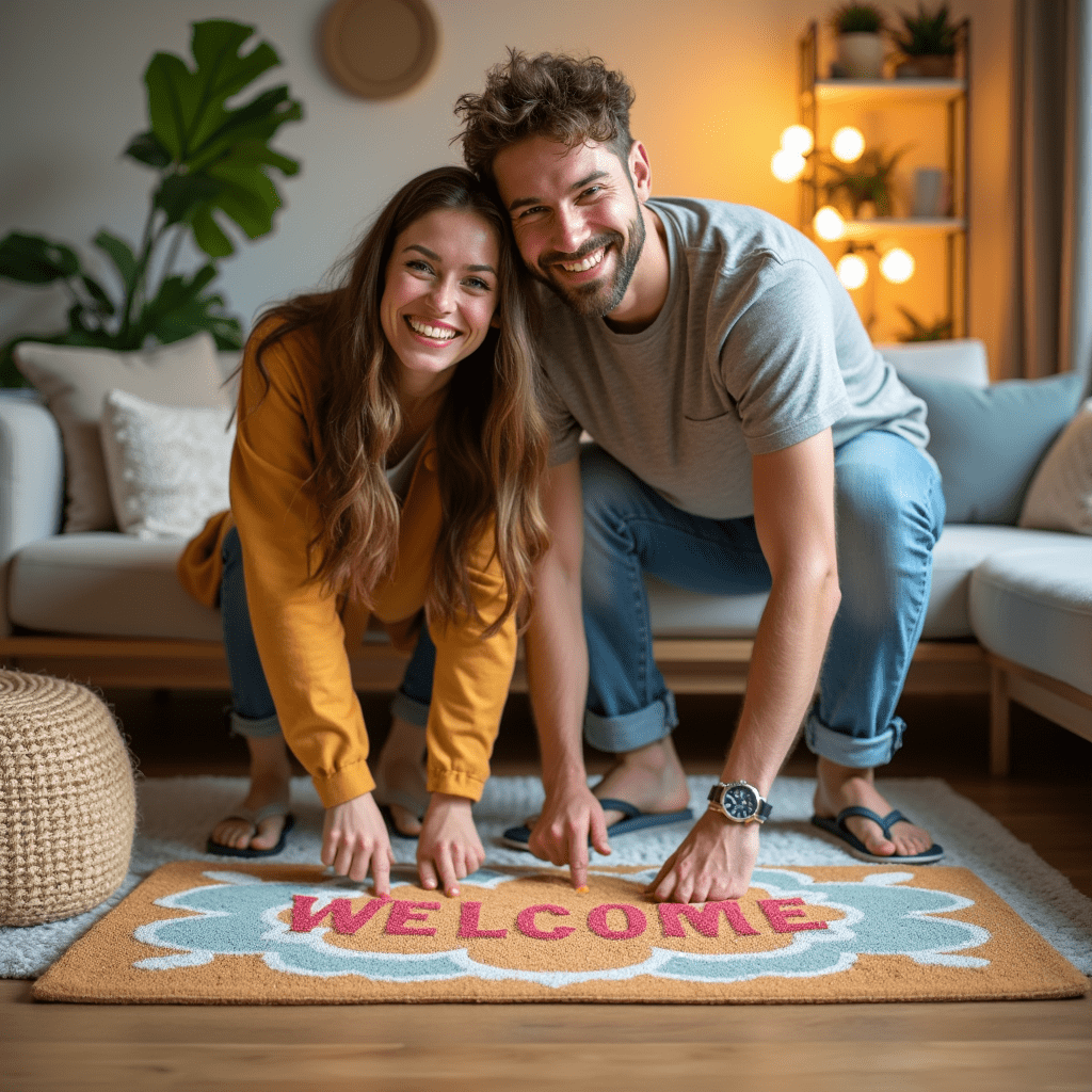 a man and woman smiling and touching a welcome mat