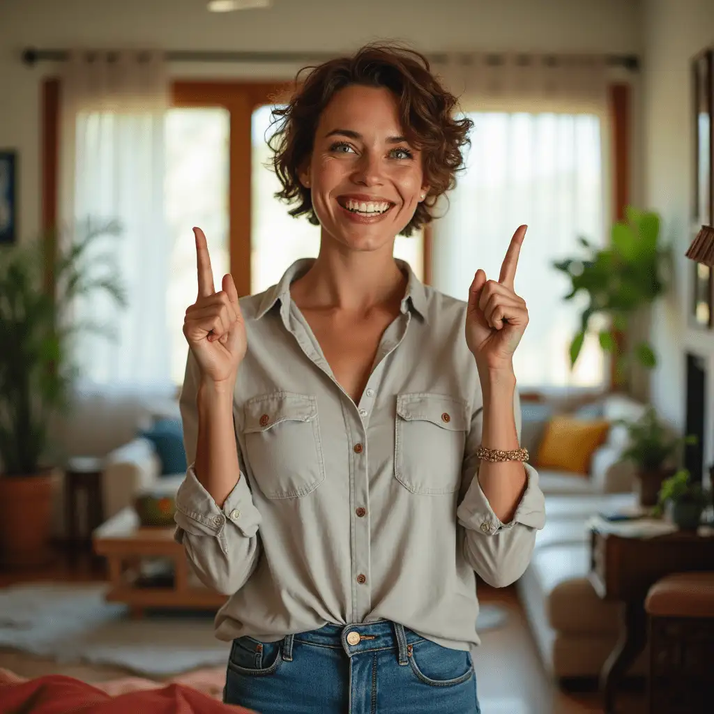 a woman pointing up with her hands