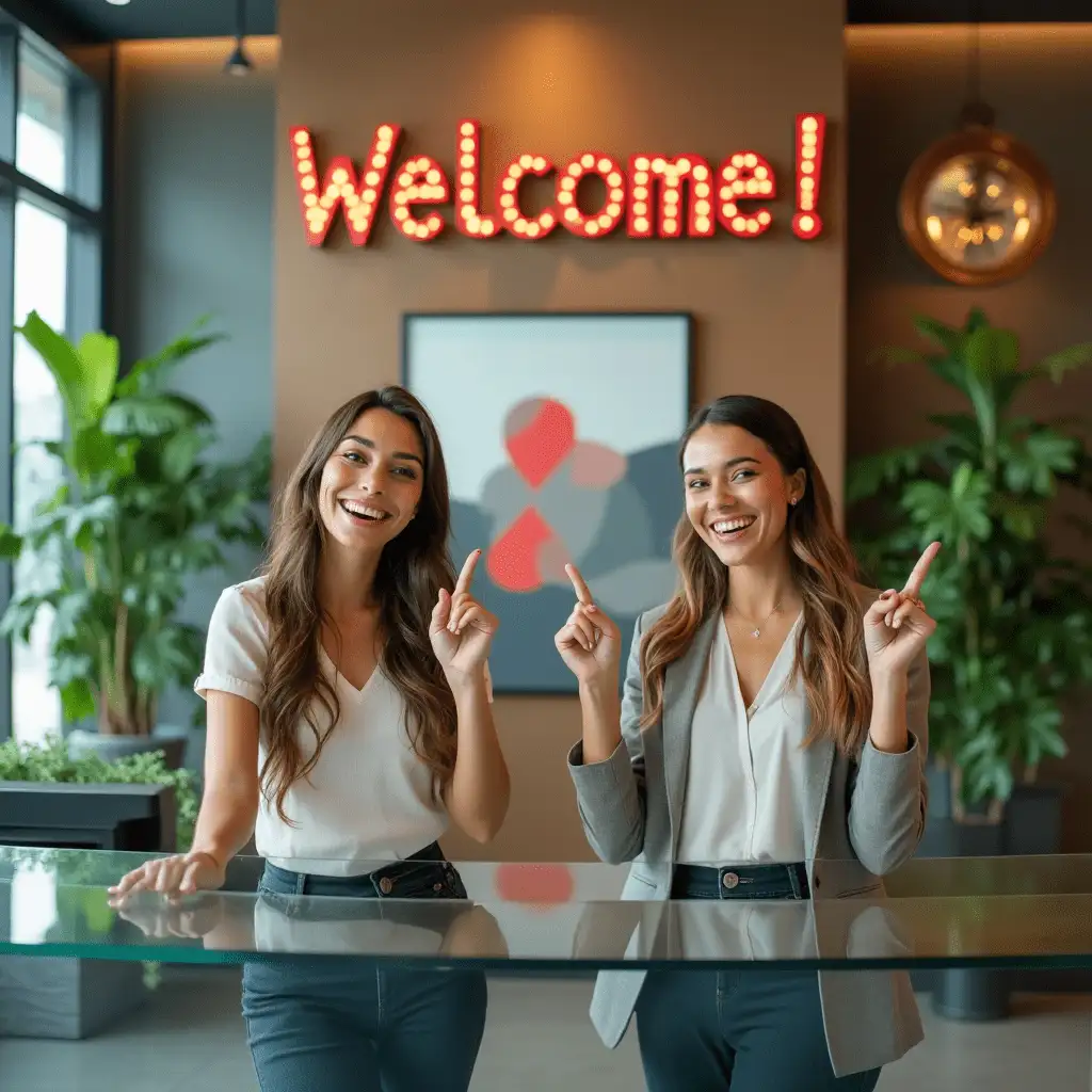 two women standing in front of a glass counter